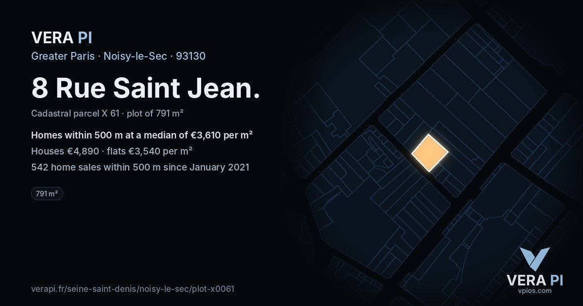 8 Rue Saint Jean, Noisy-le-Sec at night – the plot lit, the parcels around coloured by the prices near them