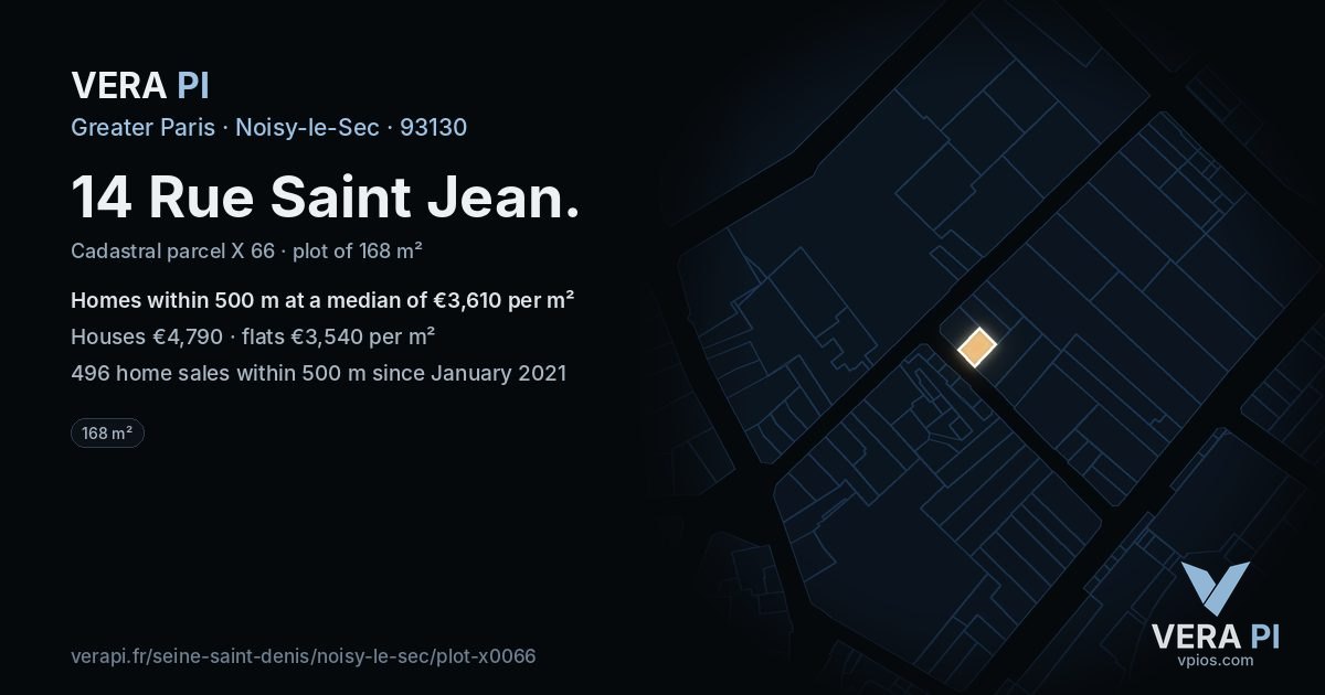 14 Rue Saint Jean, Noisy-le-Sec at night – the plot lit, the parcels around coloured by the prices near them