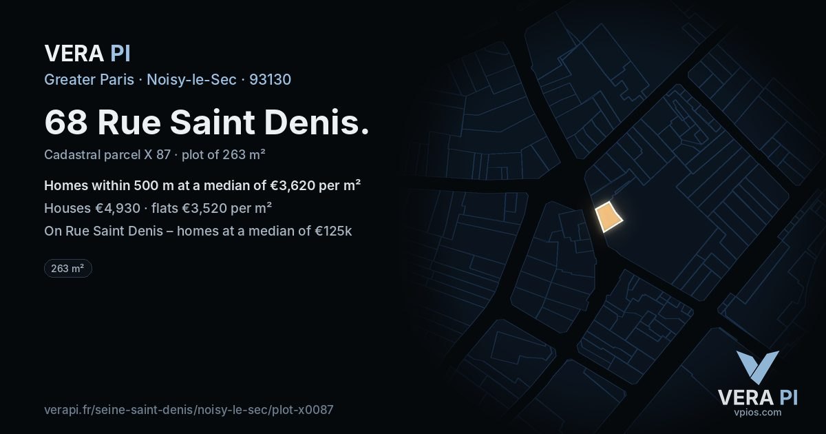 68 Rue Saint Denis, Noisy-le-Sec at night – the plot lit, the parcels around coloured by the prices near them