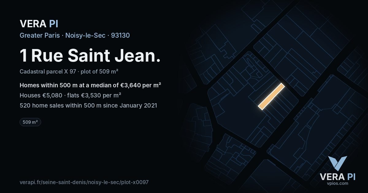 1 Rue Saint Jean, Noisy-le-Sec at night – the plot lit, the parcels around coloured by the prices near them