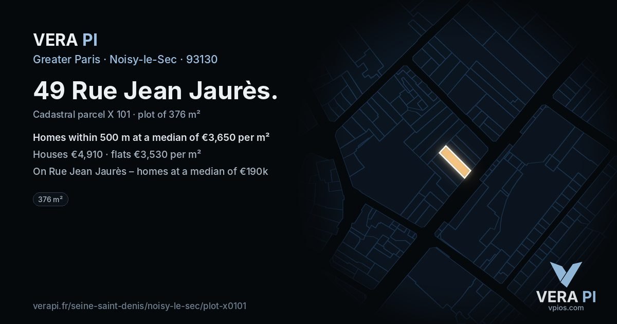 49 Rue Jean Jaurès, Noisy-le-Sec at night – the plot lit, the parcels around coloured by the prices near them