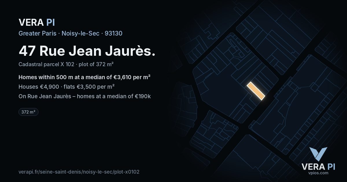 47 Rue Jean Jaurès, Noisy-le-Sec at night – the plot lit, the parcels around coloured by the prices near them