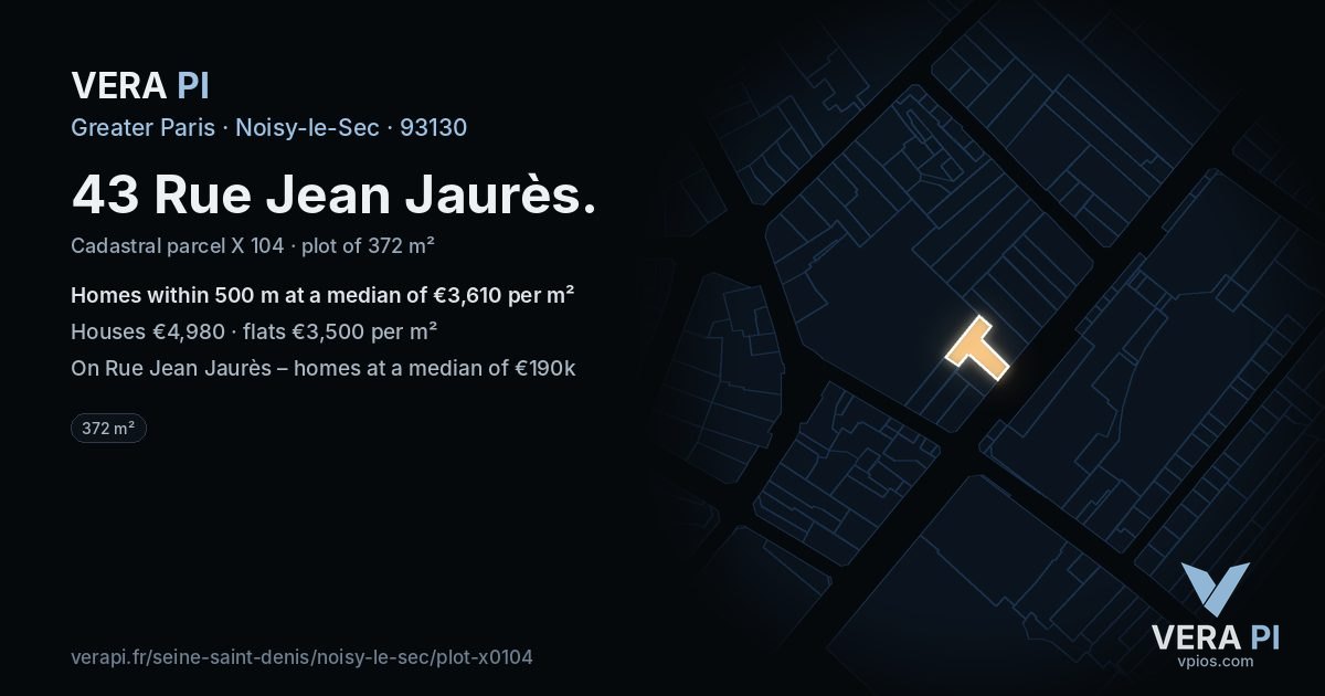 43 Rue Jean Jaurès, Noisy-le-Sec at night – the plot lit, the parcels around coloured by the prices near them