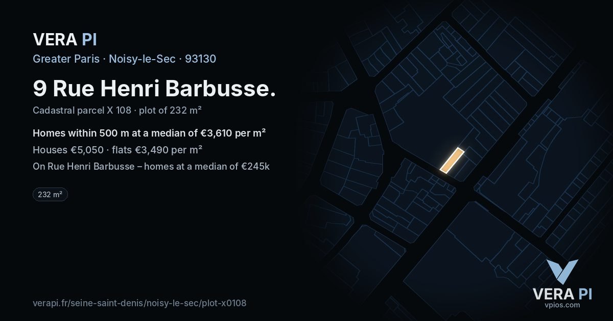 9 Rue Henri Barbusse, Noisy-le-Sec at night – the plot lit, the parcels around coloured by the prices near them