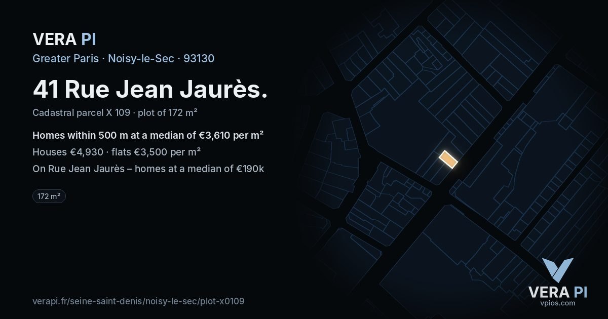 41 Rue Jean Jaurès, Noisy-le-Sec at night – the plot lit, the parcels around coloured by the prices near them