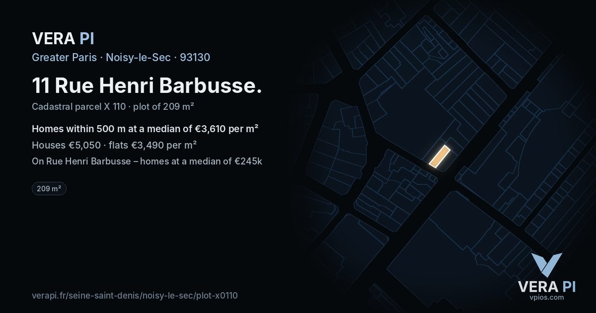 11 Rue Henri Barbusse, Noisy-le-Sec at night – the plot lit, the parcels around coloured by the prices near them