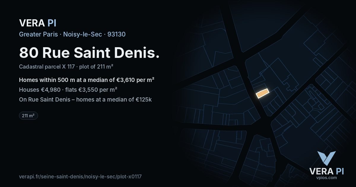 80 Rue Saint Denis, Noisy-le-Sec at night – the plot lit, the parcels around coloured by the prices near them