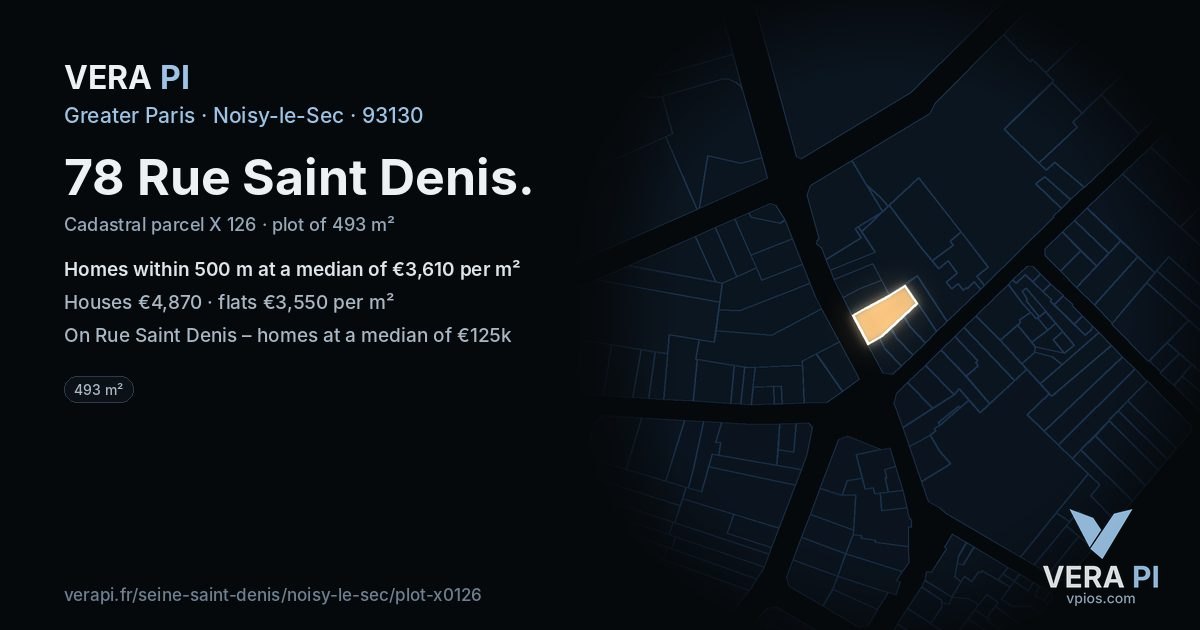 78 Rue Saint Denis, Noisy-le-Sec at night – the plot lit, the parcels around coloured by the prices near them
