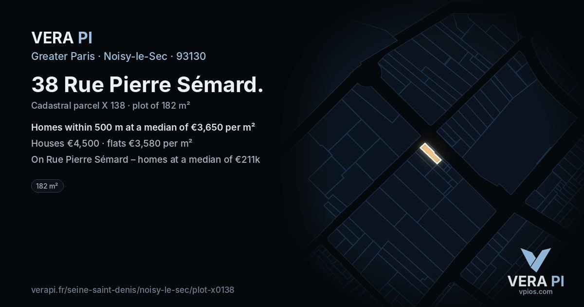 38 Rue Pierre Sémard, Noisy-le-Sec at night – the plot lit, the parcels around coloured by the prices near them
