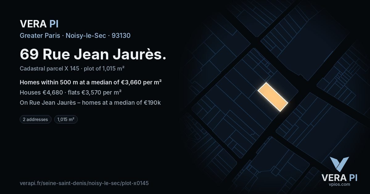 69 Rue Jean Jaurès, Noisy-le-Sec at night – the plot lit, the parcels around coloured by the prices near them