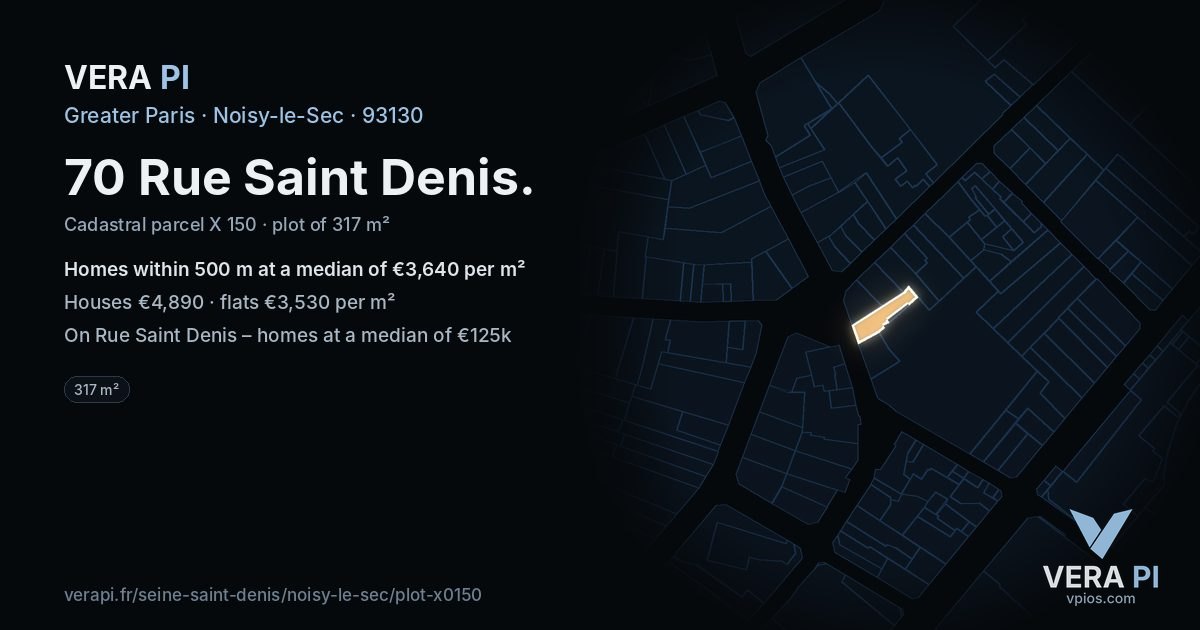 70 Rue Saint Denis, Noisy-le-Sec at night – the plot lit, the parcels around coloured by the prices near them