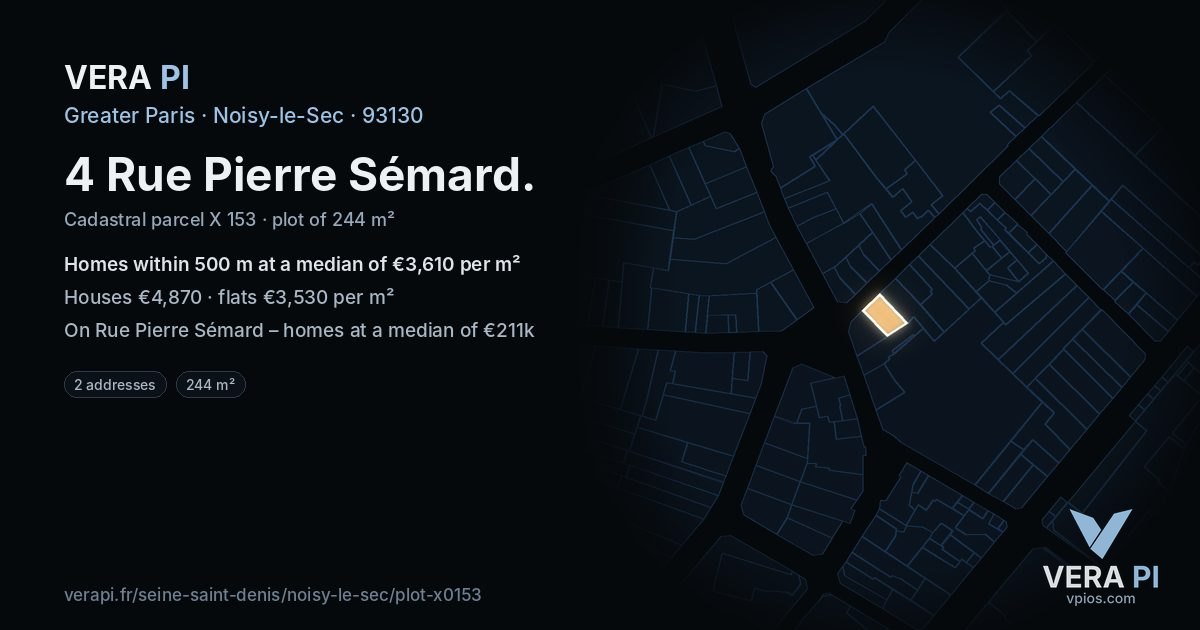 4 Rue Pierre Sémard, Noisy-le-Sec at night – the plot lit, the parcels around coloured by the prices near them