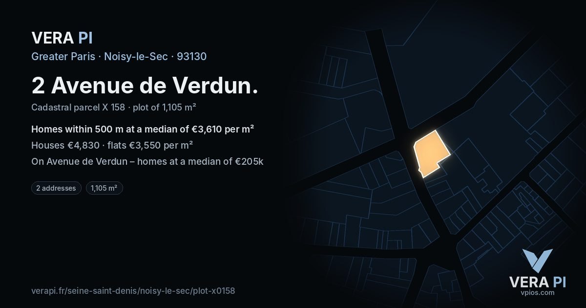 2 Avenue de Verdun, Noisy-le-Sec at night – the plot lit, the parcels around coloured by the prices near them