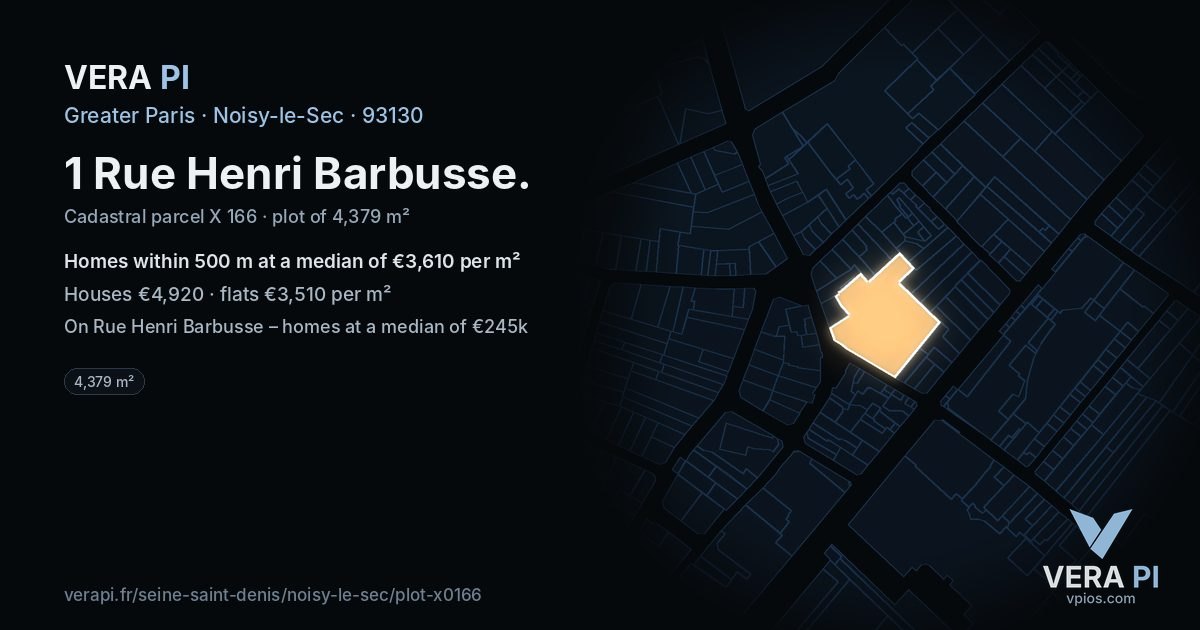 1 Rue Henri Barbusse, Noisy-le-Sec at night – the plot lit, the parcels around coloured by the prices near them
