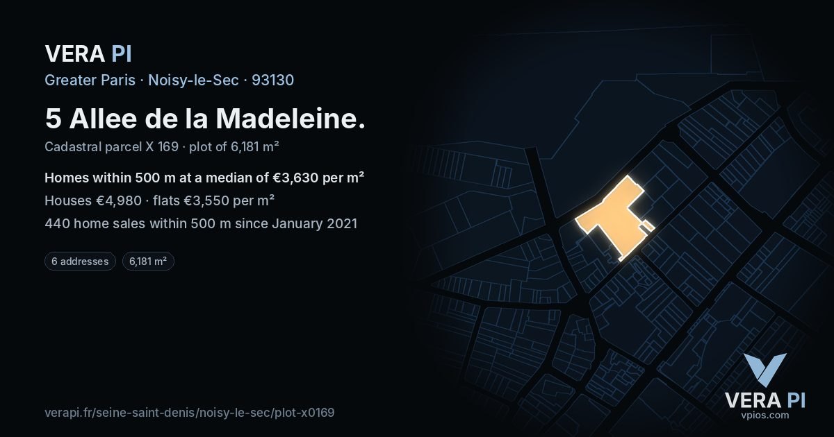 5 Allee de la Madeleine, Noisy-le-Sec at night – the plot lit, the parcels around coloured by the prices near them