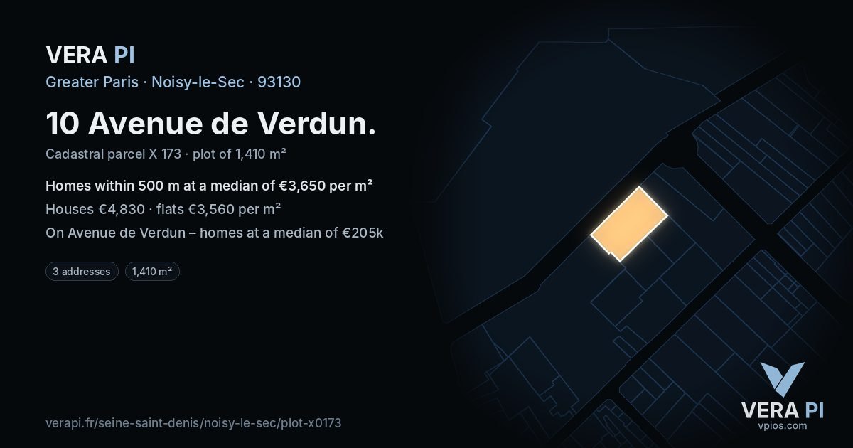 10 Avenue de Verdun, Noisy-le-Sec at night – the plot lit, the parcels around coloured by the prices near them