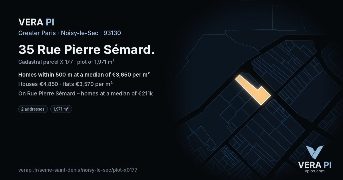 35 Rue Pierre Sémard, Noisy-le-Sec at night – the plot lit, the parcels around coloured by the prices near them