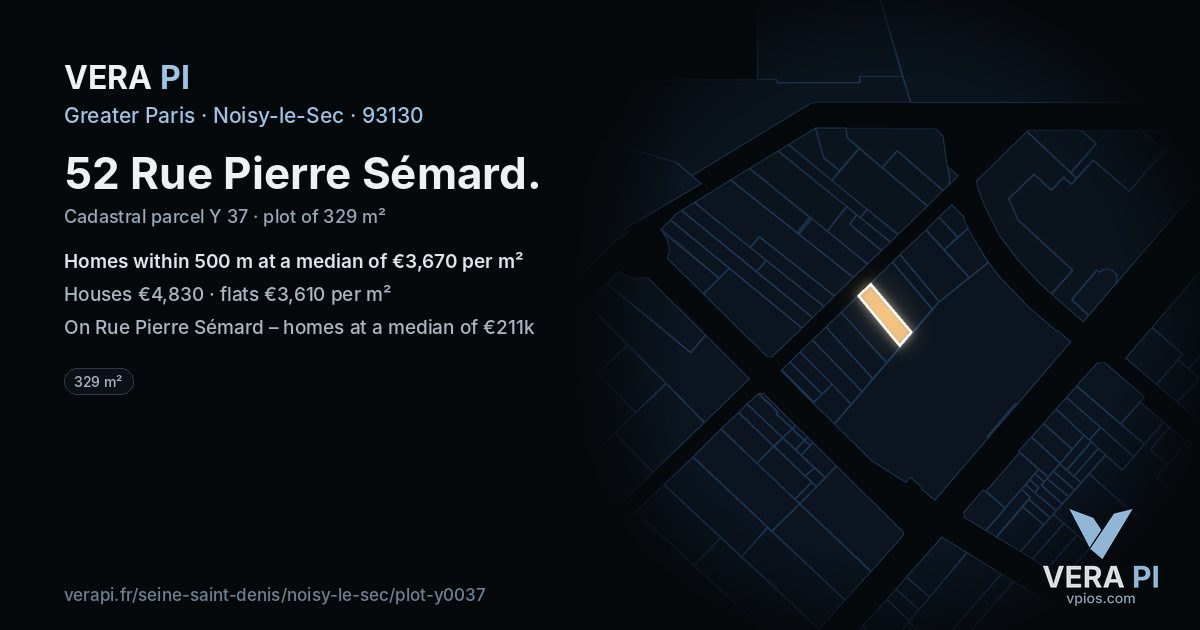 52 Rue Pierre Sémard, Noisy-le-Sec at night – the plot lit, the parcels around coloured by the prices near them