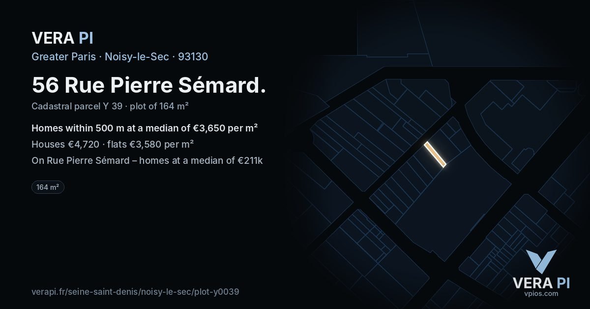 56 Rue Pierre Sémard, Noisy-le-Sec at night – the plot lit, the parcels around coloured by the prices near them