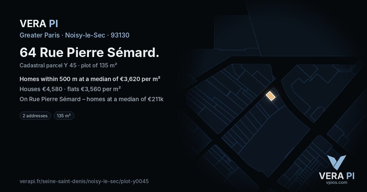 64 Rue Pierre Sémard, Noisy-le-Sec at night – the plot lit, the parcels around coloured by the prices near them