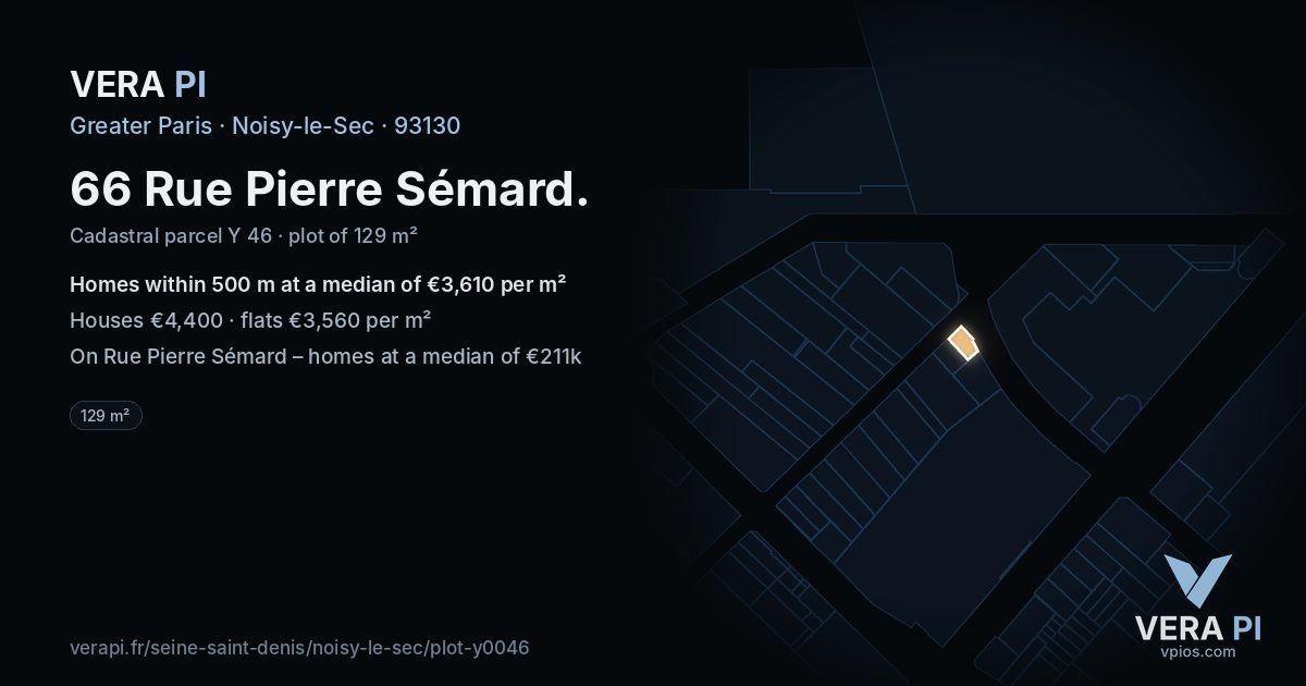 66 Rue Pierre Sémard, Noisy-le-Sec at night – the plot lit, the parcels around coloured by the prices near them