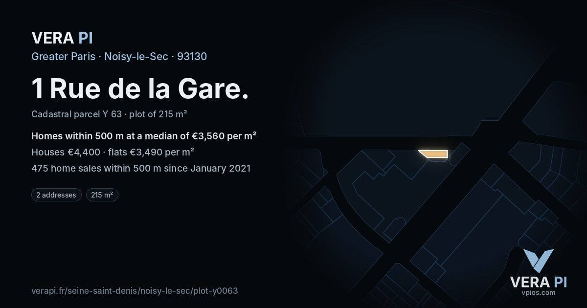 1 Rue de la Gare, Noisy-le-Sec at night – the plot lit, the parcels around coloured by the prices near them