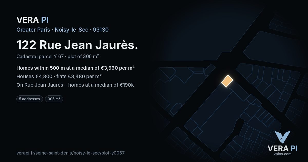 122 Rue Jean Jaurès, Noisy-le-Sec at night – the plot lit, the parcels around coloured by the prices near them
