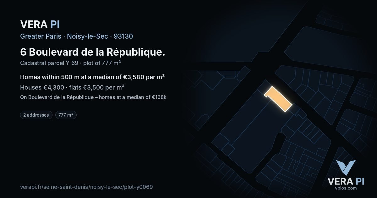 6 Boulevard de la République, Noisy-le-Sec at night – the plot lit, the parcels around coloured by the prices near them