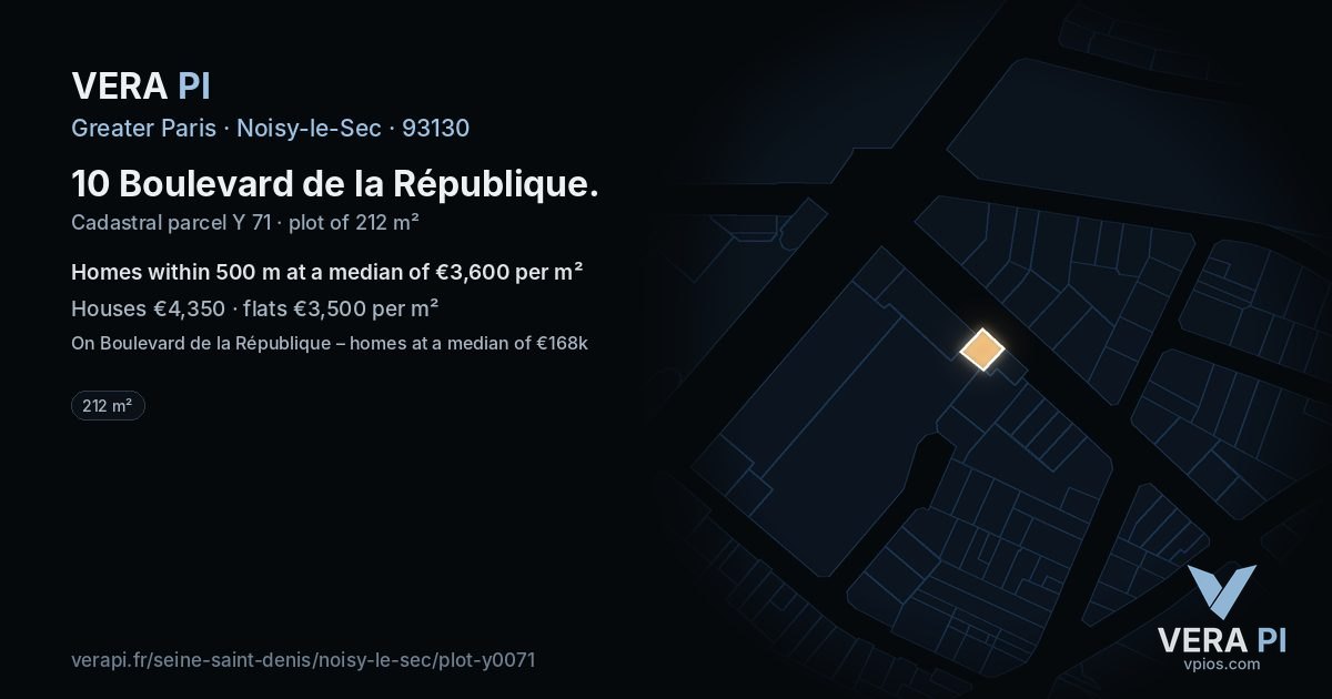 10 Boulevard de la République, Noisy-le-Sec at night – the plot lit, the parcels around coloured by the prices near them