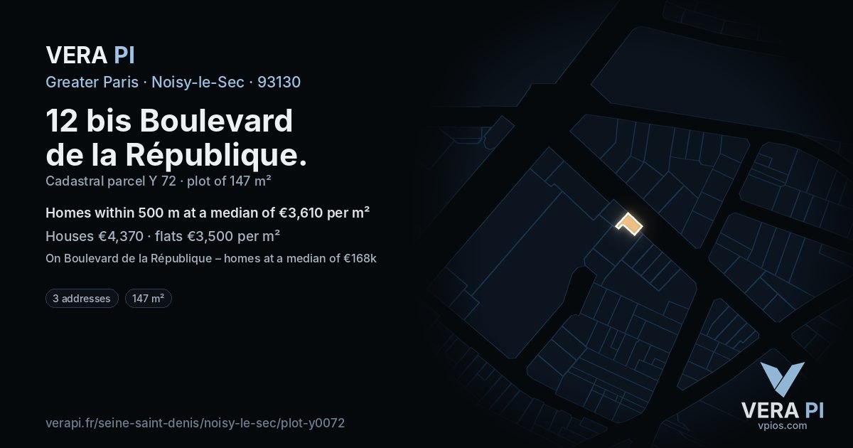 12 bis Boulevard de la République, Noisy-le-Sec at night – the plot lit, the parcels around coloured by the prices near them