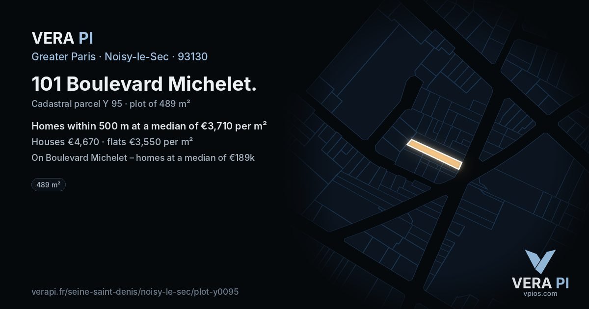 101 Boulevard Michelet, Noisy-le-Sec at night – the plot lit, the parcels around coloured by the prices near them