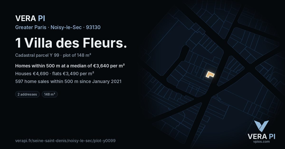 1 Villa des Fleurs, Noisy-le-Sec at night – the plot lit, the parcels around coloured by the prices near them