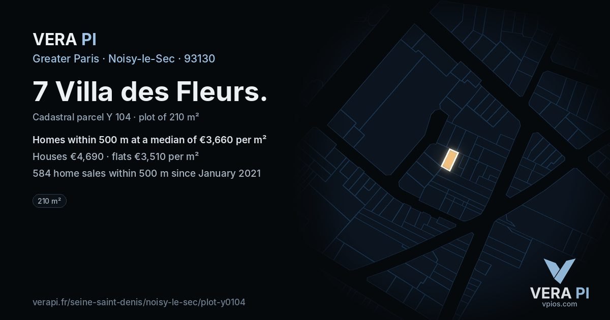 7 Villa des Fleurs, Noisy-le-Sec at night – the plot lit, the parcels around coloured by the prices near them