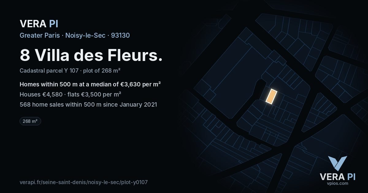 8 Villa des Fleurs, Noisy-le-Sec at night – the plot lit, the parcels around coloured by the prices near them