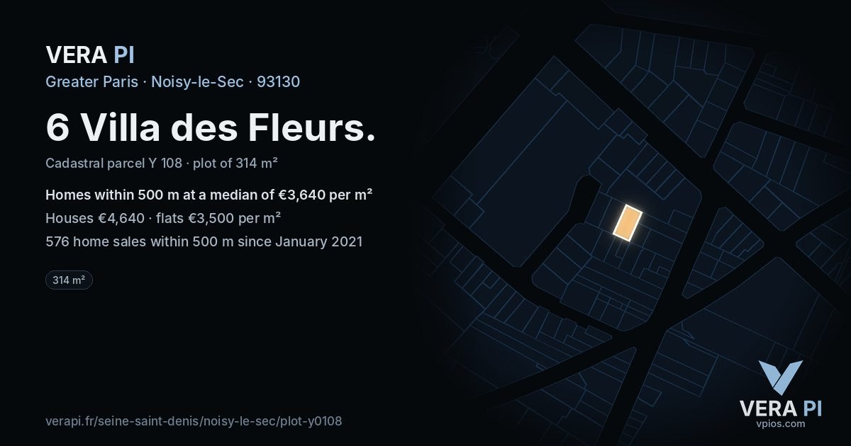 6 Villa des Fleurs, Noisy-le-Sec at night – the plot lit, the parcels around coloured by the prices near them