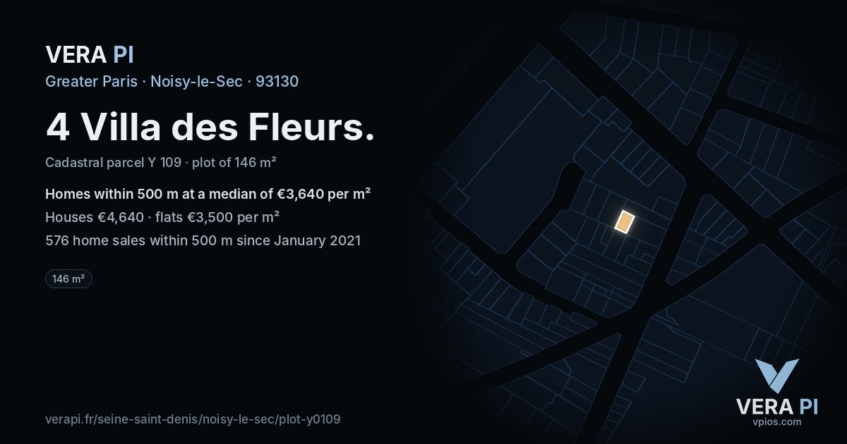 4 Villa des Fleurs, Noisy-le-Sec at night – the plot lit, the parcels around coloured by the prices near them