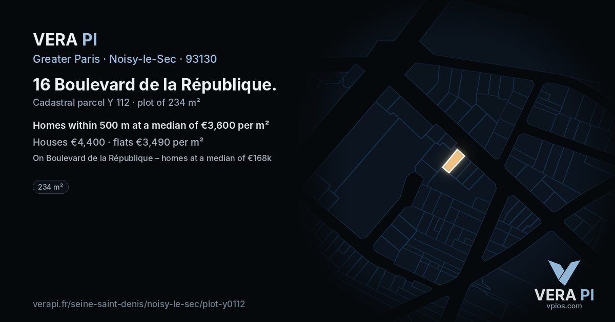 16 Boulevard de la République, Noisy-le-Sec at night – the plot lit, the parcels around coloured by the prices near them