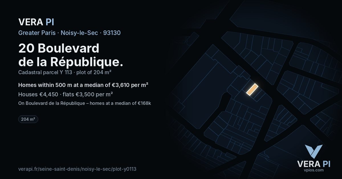 20 Boulevard de la République, Noisy-le-Sec at night – the plot lit, the parcels around coloured by the prices near them