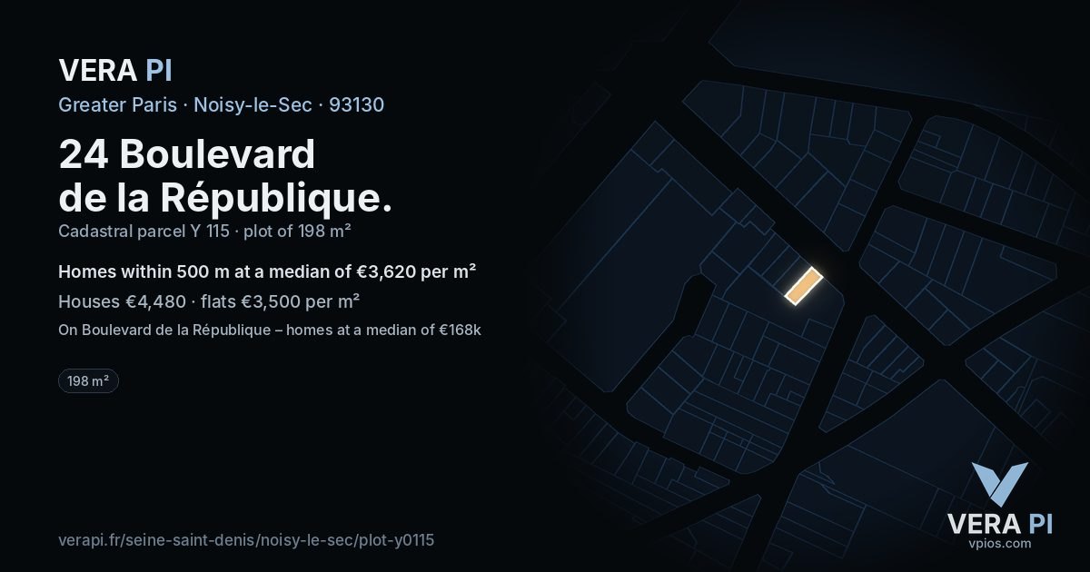 24 Boulevard de la République, Noisy-le-Sec at night – the plot lit, the parcels around coloured by the prices near them