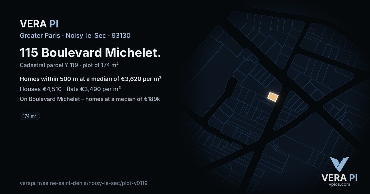 115 Boulevard Michelet, Noisy-le-Sec at night – the plot lit, the parcels around coloured by the prices near them