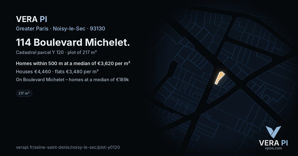 114 Boulevard Michelet, Noisy-le-Sec at night – the plot lit, the parcels around coloured by the prices near them