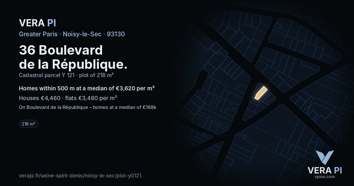 36 Boulevard de la République, Noisy-le-Sec at night – the plot lit, the parcels around coloured by the prices near them