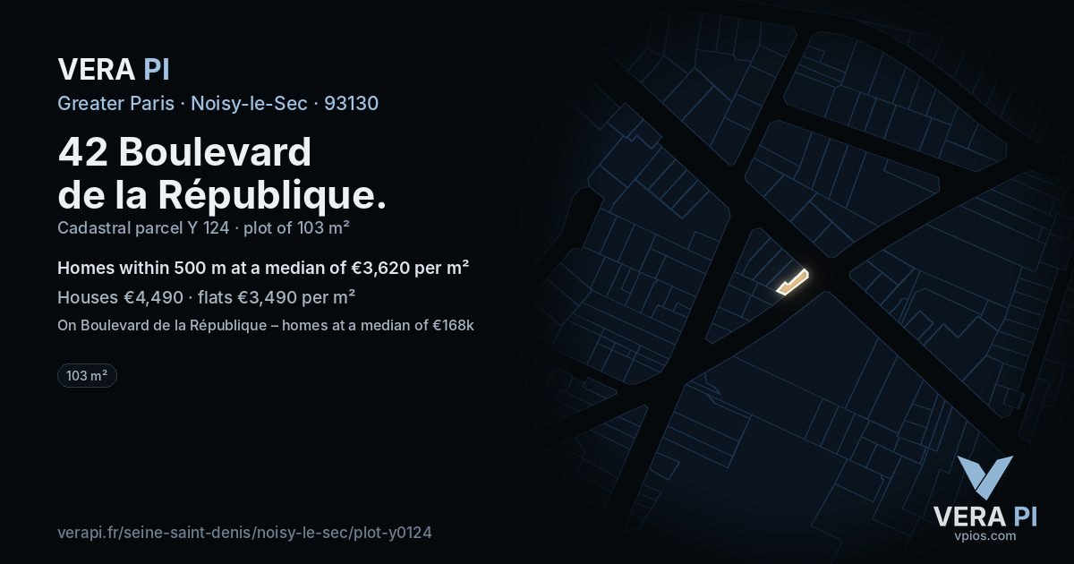42 Boulevard de la République, Noisy-le-Sec at night – the plot lit, the parcels around coloured by the prices near them