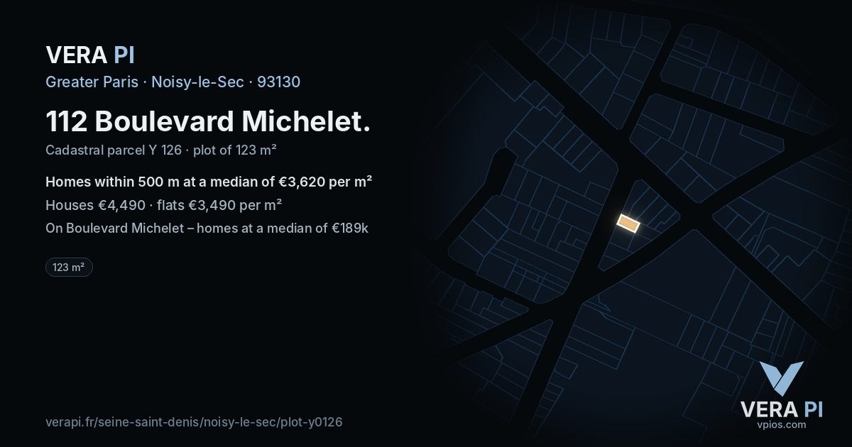112 Boulevard Michelet, Noisy-le-Sec at night – the plot lit, the parcels around coloured by the prices near them