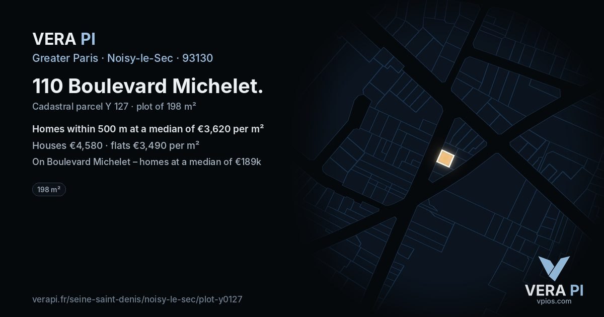 110 Boulevard Michelet, Noisy-le-Sec at night – the plot lit, the parcels around coloured by the prices near them