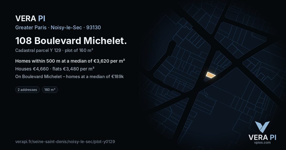 108 Boulevard Michelet, Noisy-le-Sec at night – the plot lit, the parcels around coloured by the prices near them