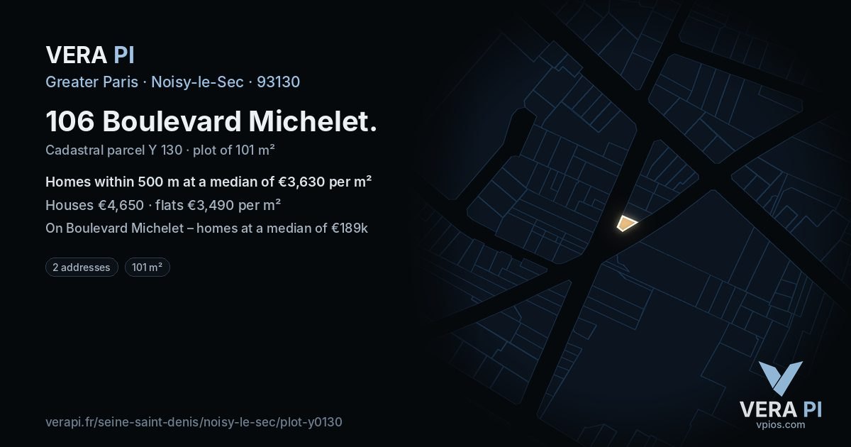 106 Boulevard Michelet, Noisy-le-Sec at night – the plot lit, the parcels around coloured by the prices near them