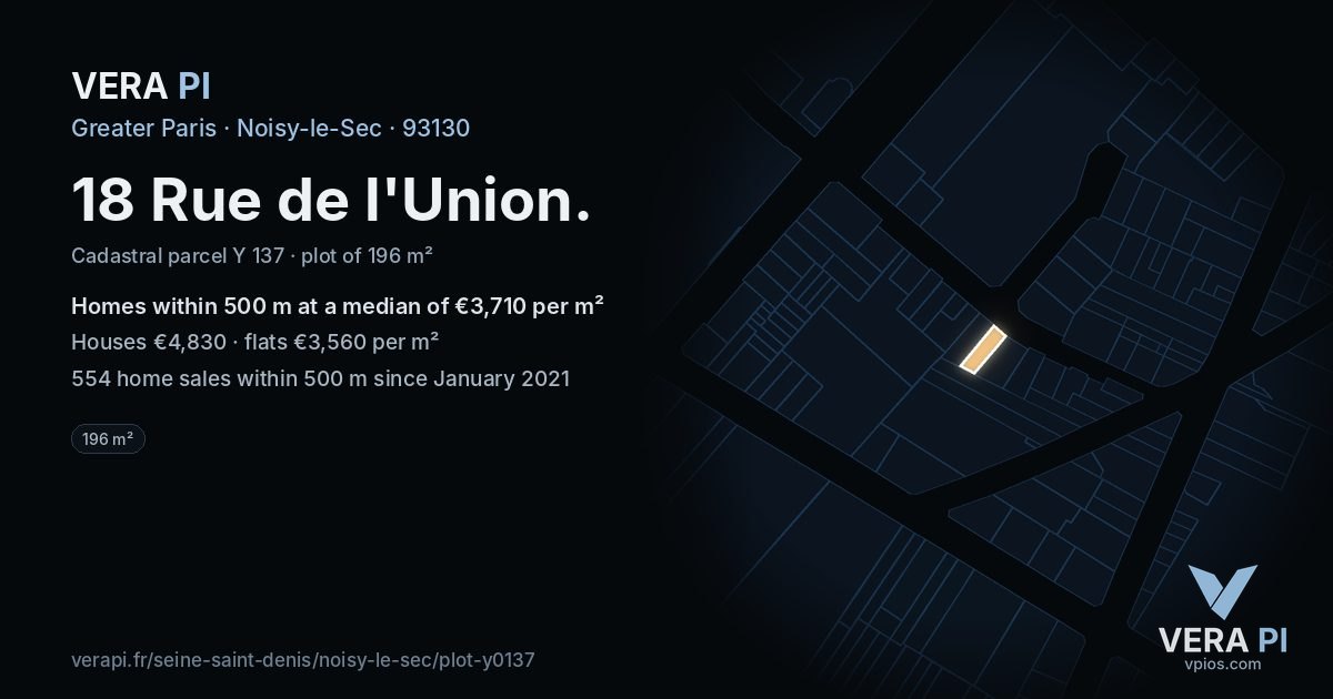 18 Rue de l'Union, Noisy-le-Sec at night – the plot lit, the parcels around coloured by the prices near them