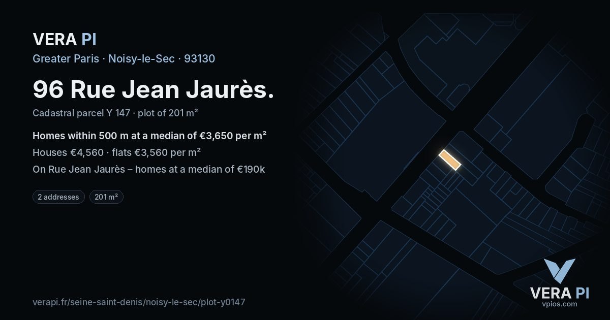 96 Rue Jean Jaurès, Noisy-le-Sec at night – the plot lit, the parcels around coloured by the prices near them
