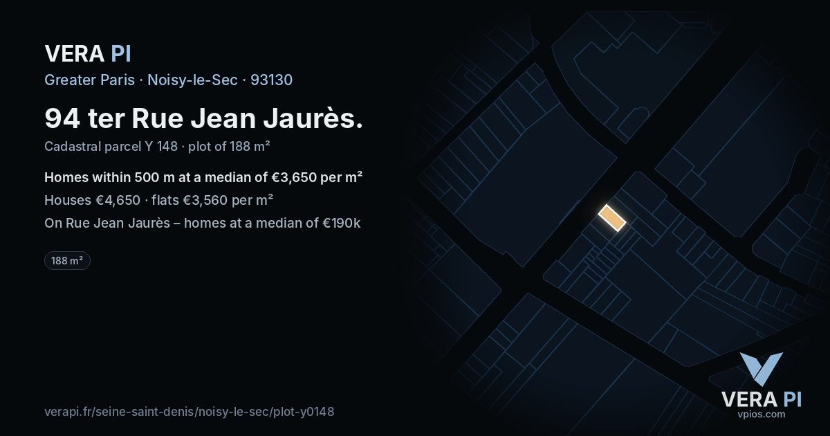 94 ter Rue Jean Jaurès, Noisy-le-Sec at night – the plot lit, the parcels around coloured by the prices near them